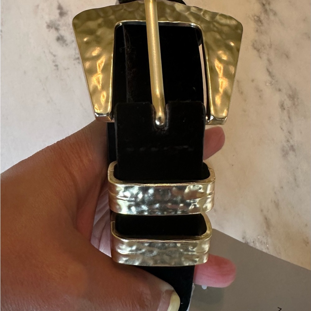 Zara Black Belt with Hammered Gold Buckle